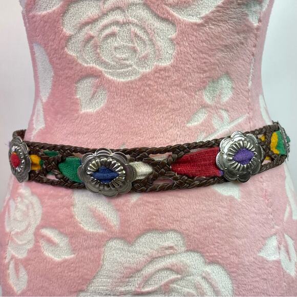 Vintage Accessories - Vintage Leather Silver Concho Belt 90s Guatemala Western Brown Serape Cowgirl